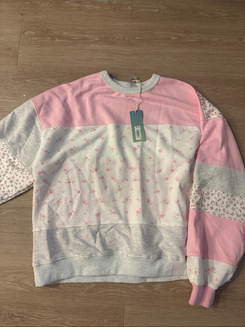 NWT Oversized altar’d state grey and pink patchwork floral sweater/sweatshirt